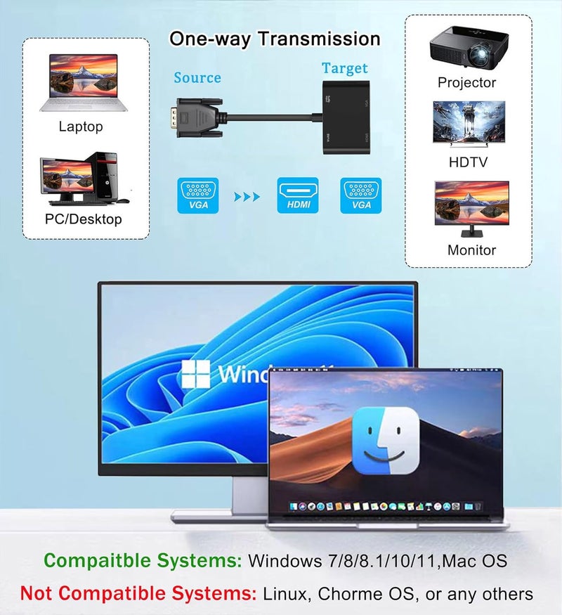 AKWOR محول VGA إلى HDMI + VGA لشاشات مزدوجة، محول VGA إلى HDMI مقسم 2 في 1، 1080P@60HZ عرض فيديو عالي الدقة لمحول الكمبيوتر المحمول/الشاشة/التلفاز/البروجيكتور (لأنظمة ويندوز وماك)  - Image 4